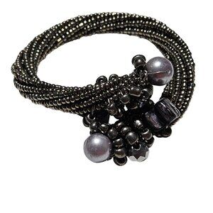 Elegant Beaded Multi Strand Cuff Bracelet Silver Tone Purple Clear Accents Women